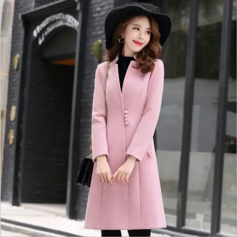Новинка, зимнее корейское женское длинное шерстяное пальто, женское элегантное приталенное пальто с воротником, приталенная однотонная верхняя одежда, шерстяная куртка