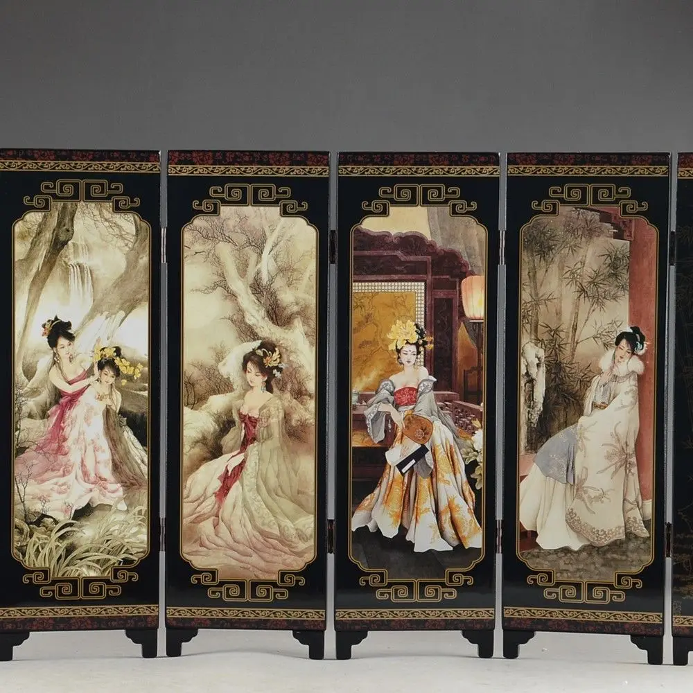 CHINA LACQUER WARE OLD HAND PAINTING BELLE COLLECTIBLES BEAUTY NICE FOLDING SCREEN decoration
