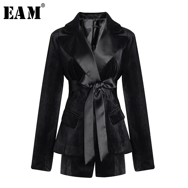 

[EAM] 2019 New Spring Summer Lapel Long Sleeve Black Loose Irregular Bandage Bow Velvet Jacket Women Coat Fashion Tide JW822