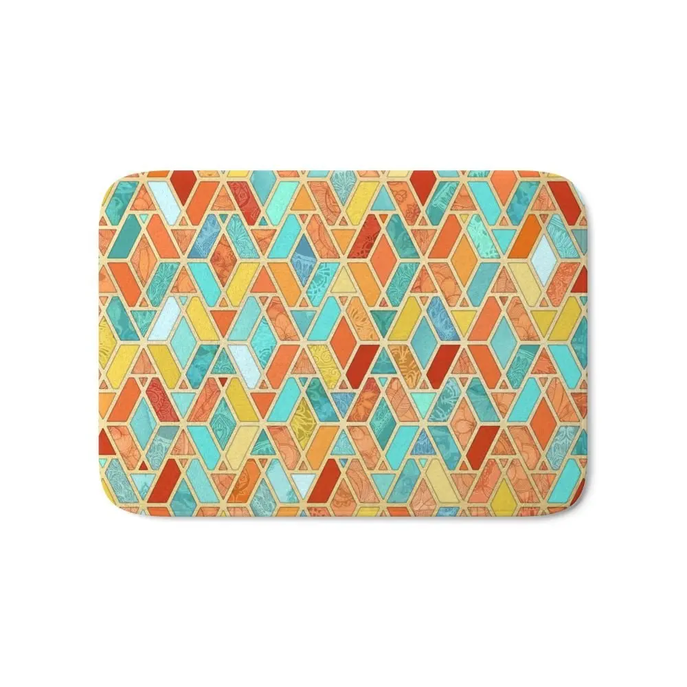 Tangerine & Turquoise Geometric Tile Pattern Bath Mat 21" x 34"in Mat from Home & Garden on