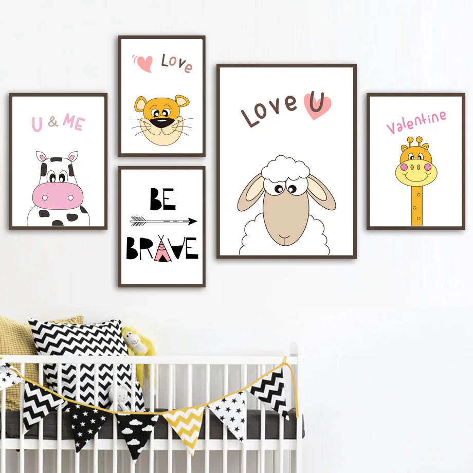 

Giraffe Lion Cow Sheep Quotes Wall Art Canvas Painting Cartoon Nordic Posters And Prints Wall Pictures For Kids Room Home Decor