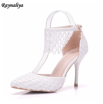 

2018 New Bride Wedding Shoes Women Stiletto Thin High Heels Sandals 2018 Pointed Toe Ankle Strap Party Mesh Sandals XY-A0092