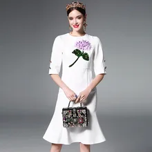 High Quality Runway Fashion 2017Women’s White Half-sleeve Sequined Medium-long Fish Tail Women Dress Dresses