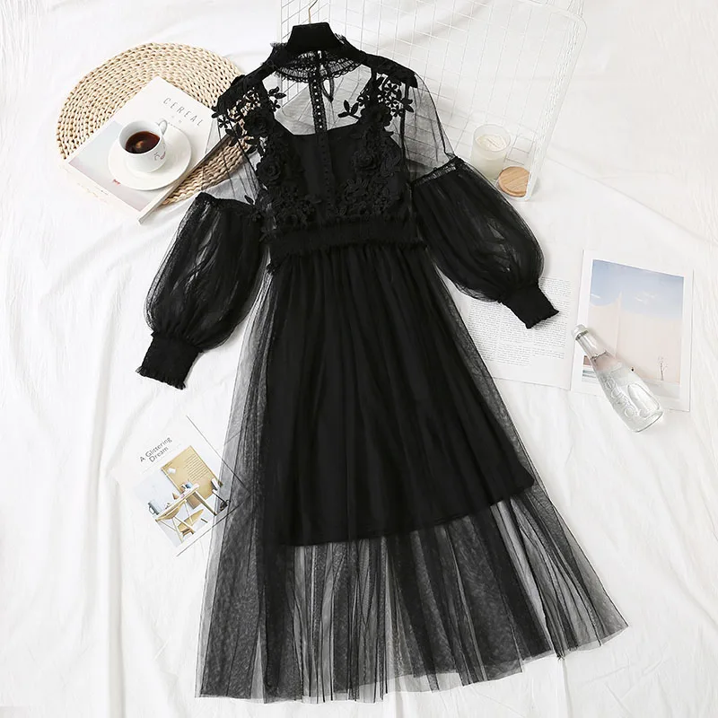 

2019 Spring and Summer Version of The Lantern Sleeves Waist Mesh In The Long Flower Fairy Dress A-Line Casual