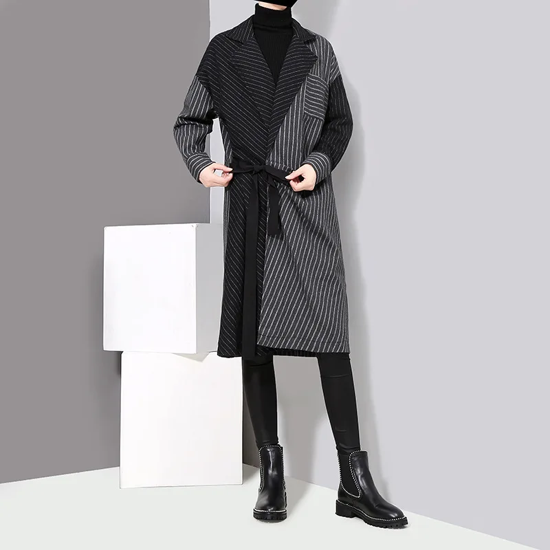 [EAM] 2019 New Spring Winter Lapel Long Sleeve Solid Color Striped Split Joint Loose Big Size Dress Women Fashion Tide JD394