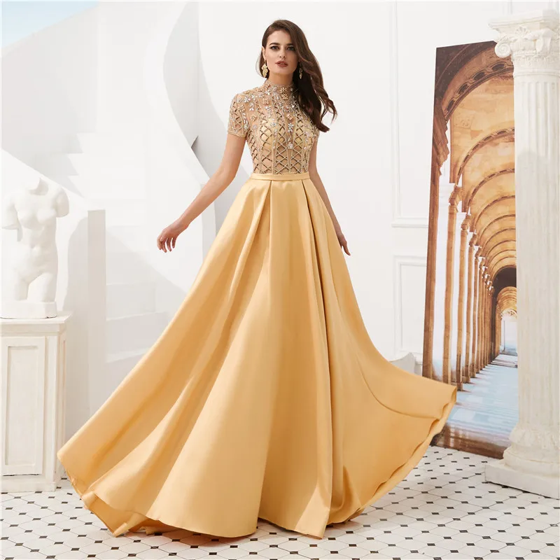 Золотые вечерние платья modabelle Vestido Elegante Mujer De Noche с высоким воротником атласное