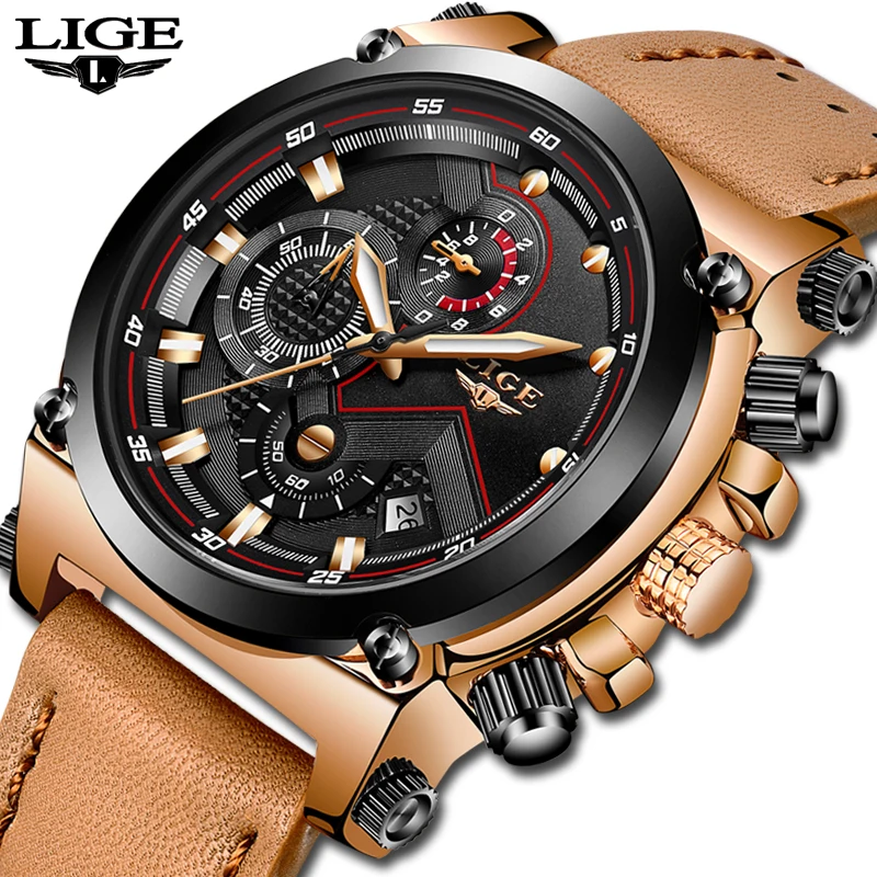 

New LIGE Men Watches Fashion Chronograph Leather Quartz Watch Men Luxury Big Dial Waterproof Male Sport Watch Relogio Masculino
