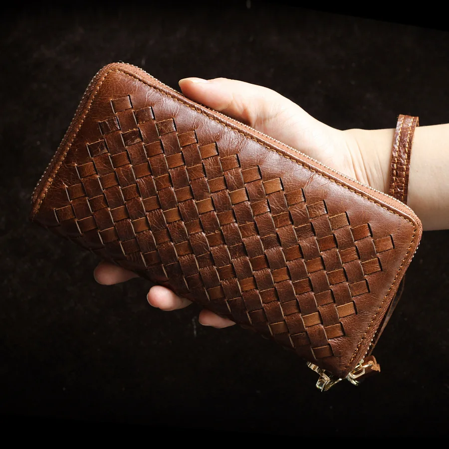 

New European and American Men's Wallet in 2018,Cowhide retro zipper braided handbag for foreign trade mens wallet