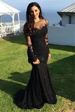 Sexy Black Tulle Nixe-abschlussball 2017 Long Sleeve Applique Abendkleider