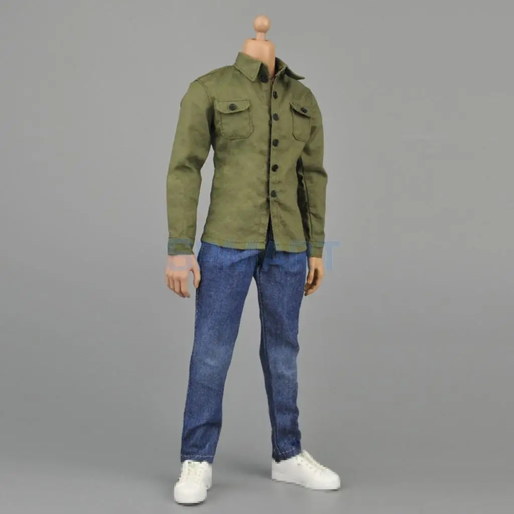 1/6 Scale Army Green Long Sleeve Shirt Jeans Belt Set Outfits Clothes for 12'' Action Figure Hot Toys Sideshow Dragon Accessory