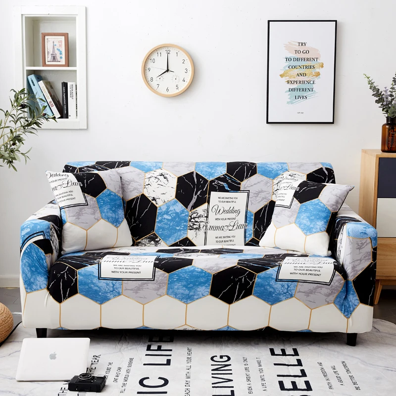 

Blue Geometric Prismatic Lattice Printed Sofa Cover For 1/2/3/4 Seater L Shaped Sofa Elastic Stretch Slipcovers