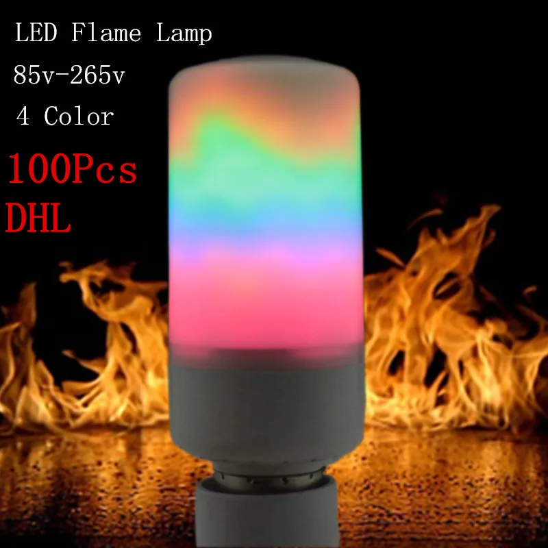 

DHL 100Pcs E27 E14 SMD2835 AC85-265V 4 colors LED flame lamp Flame Light Effect Fire Corn BulbFlickering Emulation Night Light