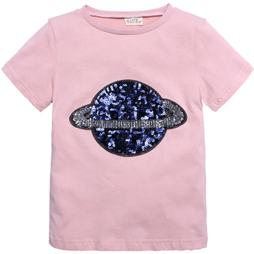 Модные хлопковые футболки с блестками для мальчиков и девочек, детские футболки с принтом с героями мультфильмов, топы для малышей, футболки, 12 мес.-7 лет - Цвет: pink