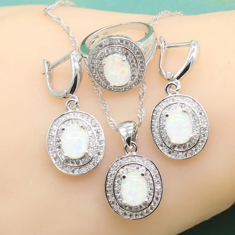 

925 Sterling Silver Wedding Sets Fashion Fire Opals Jewelry Set for Women Drop Earrings Pendant Necklace Ring Bracelet Free Box