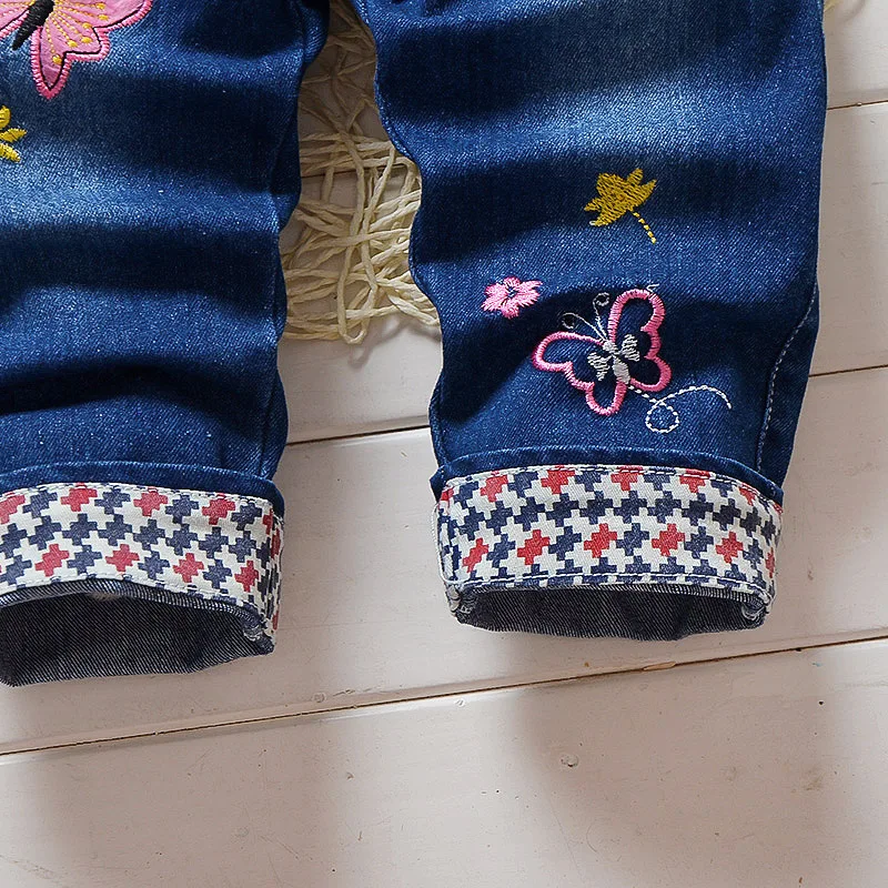 Детские штаны на весну и осень, джинсовый комбинезон с рисунком для девочек, джинсы на лямках, детские штаны с рисунком бабочки