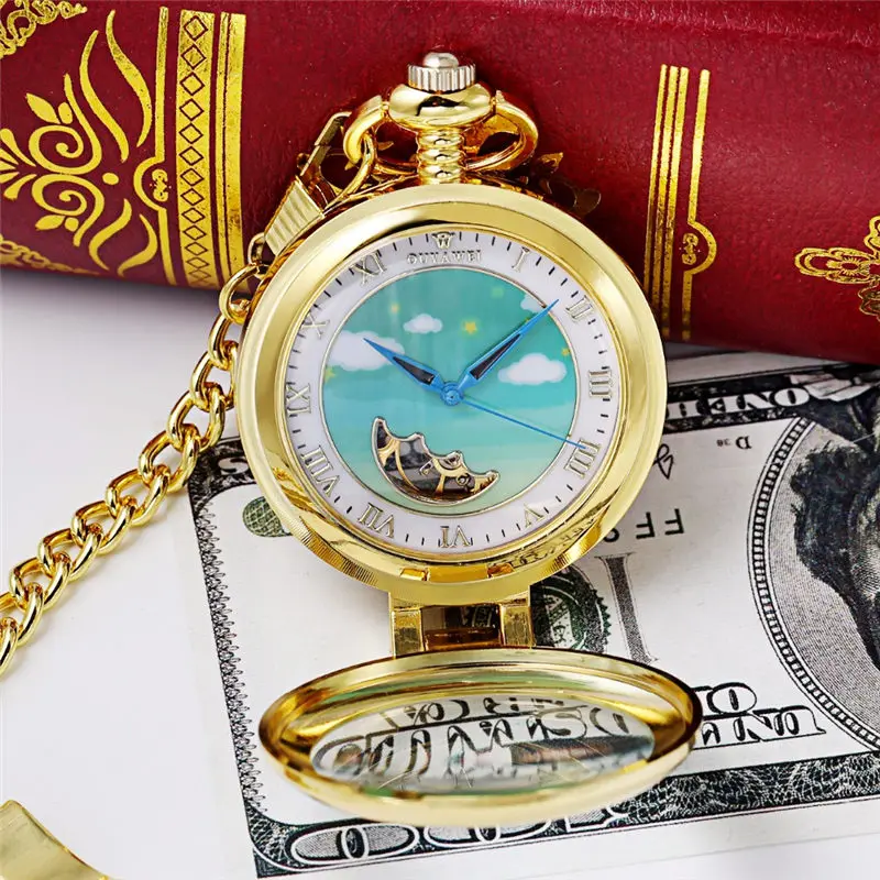 OUYAWEI Kid's Cute Mechanical Pocket Watch Adorable Cloud and Star Dial watch Necklace Chain Kids Children Birthday Xmas Gifts