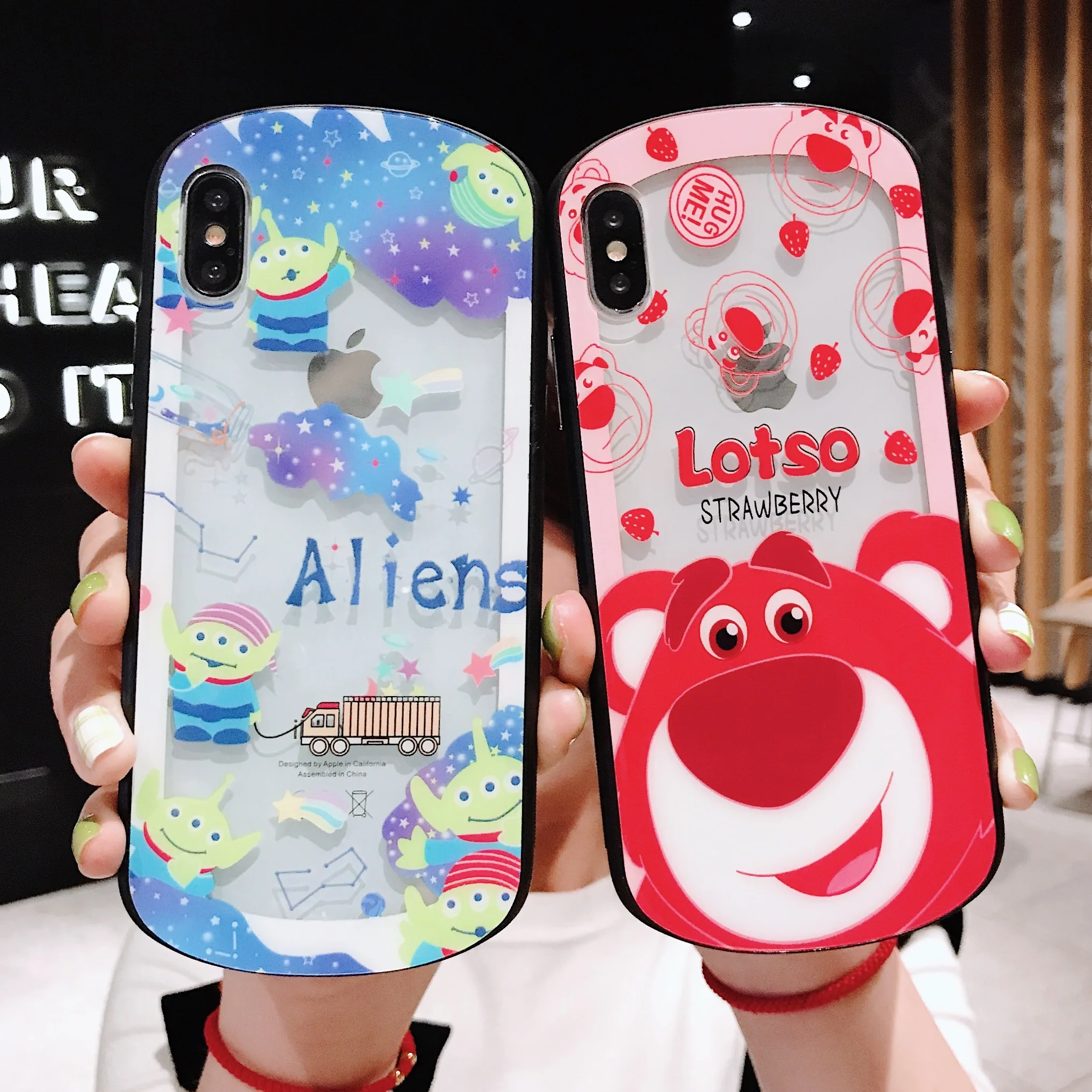 

Cartoon Aliens Strawberry Bear Pattern Tempered Glass Hard Phone Case for iPhone 8 7 Plus X XS max XR Back Cover Coque