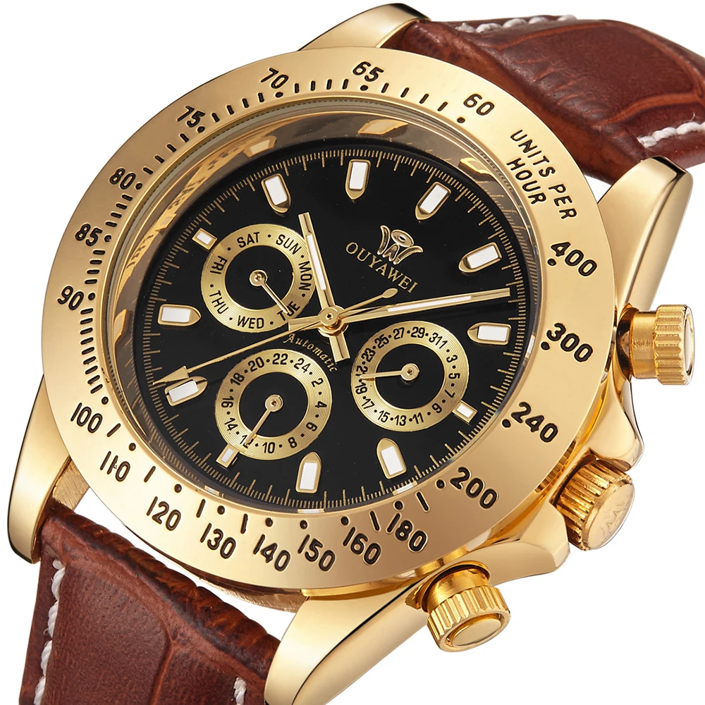 OUYAWEI Top Brand Luxury Mens Wrist Watch Imperial Day Date Gold Case
