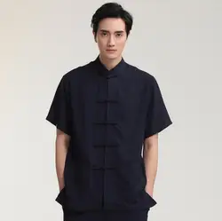 Лидер продаж Черный Для мужчин летняя хлопковая льняная рубашка Китайская традиционная мужчина кунг-фу тай-чи Ву Шу Костюмы M, L, XL XXL, XXXL 271-1