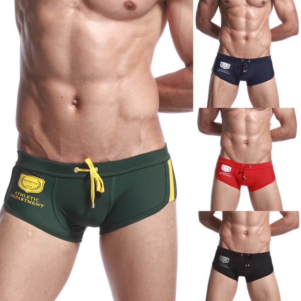

2019 Hot Sale Men's Lace Solid Color Low Waist Sexy Nylon Surf Beach Breathable Boxer Swimwear stroje kapielowe