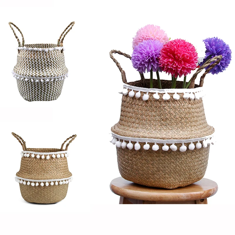 WHISM Natural Sea Grass Laundry Basket With Pompon Cute Storage Basket