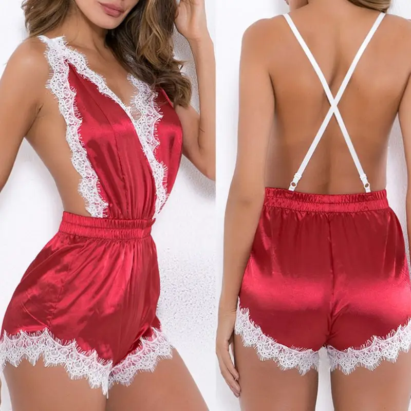 

Women Imitation Silk Wrap Deep V-Neck Lingerie Bodysuit Eyelash Lace Splice Backless Cross Bandage Christmas Babydoll Sleepwear