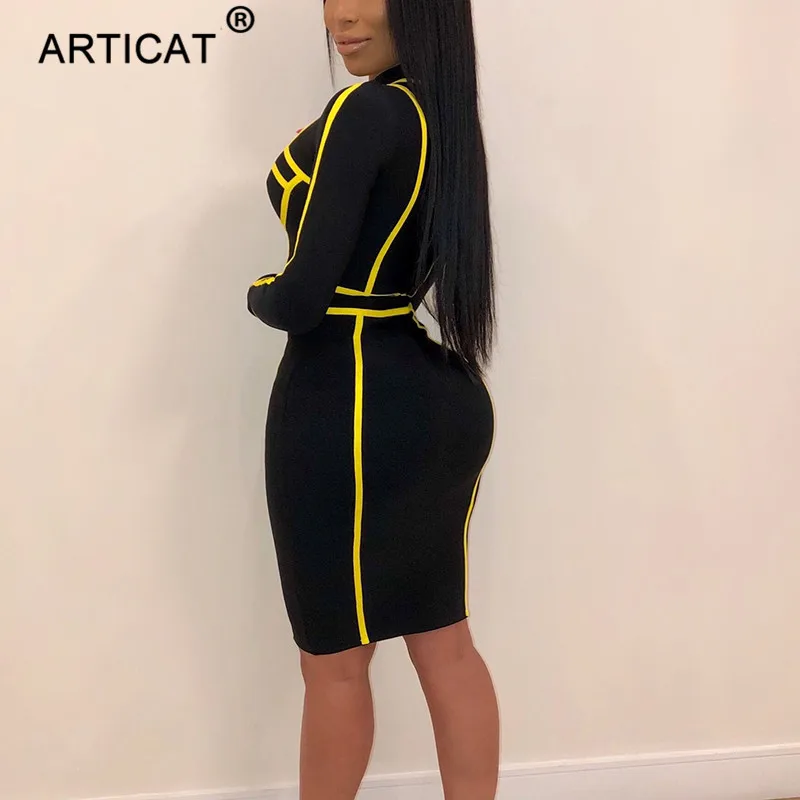 Articat خليط مثير Bodycon اللباس المرأة طويلة الأكمام يا الرقبة نحيل قلم رصاص ضمادة اللباس ملهى ليلي النساء اللباس 2019 Vestidos