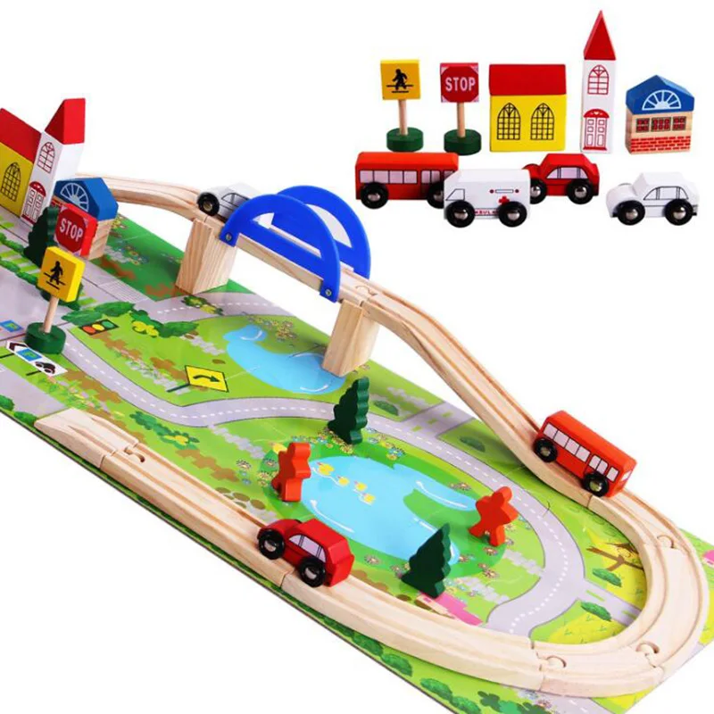 Colorful Wooden Puzzle Toy City Traffic Vehicle Railway Flyover Building Game Toy Puzzle Wood Educational Toys For Children