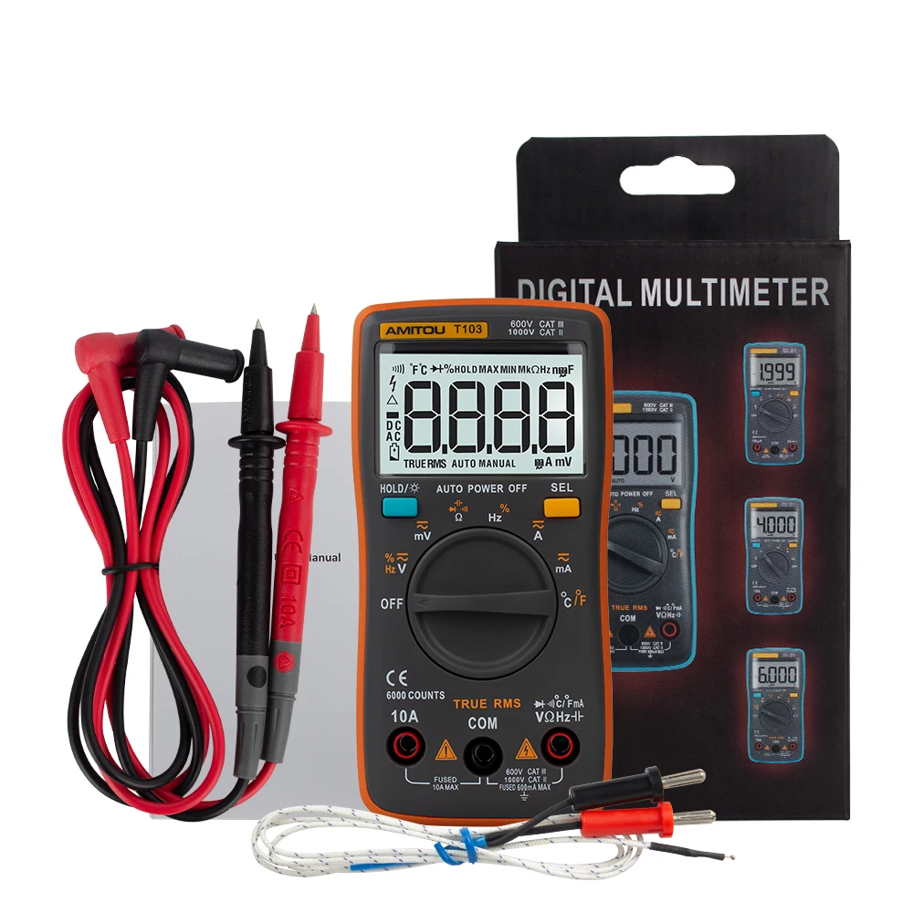 

AMITOU T103 Professional True RMS Digital Multimeter 6000 Counts Backlight AC/DC Ammeter Voltmeter Tester+ Test Lead Set