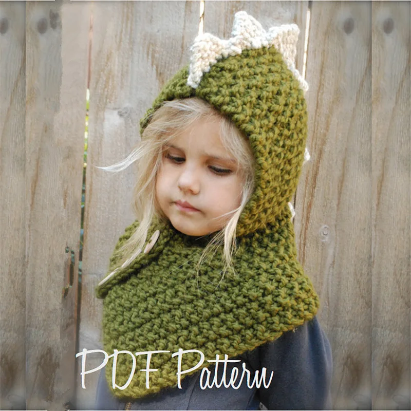 Kid Handmade Dinosaur Hat Children Eleka Knitted Cap Boy Girl Neckchief Tubular Scarf 3 Buttons Loop Shawl and Beanie_voghion.com