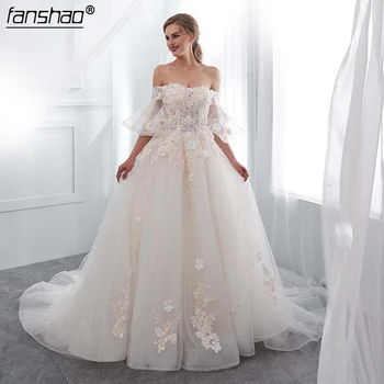 

Vintage Wedding Dress For Brides Lace Appliques White Ivory Off The Shoulder Bridal gowns Vestido De Novia