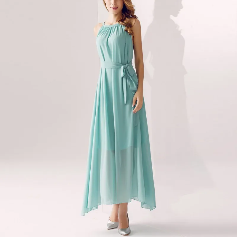 

Fashion Women Summer Long Evening Party Dress Beach Dresses Sundress Belted 6 Colors