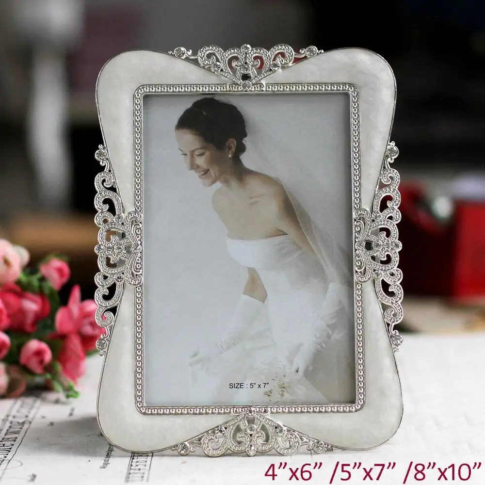 

Shiny Silver Plated White Jeweled 4 by 6 and 5 by 7 Rectangle Shaped Metal Alloy Picture Photo Frame