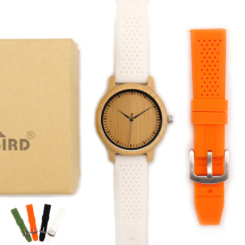 BOBO BIRD WB07 Bamboo Wooden Watch for Men Simple Style Wood Dial Face Quartz Watch with Soft Silicone Strap Extra Band as Gift