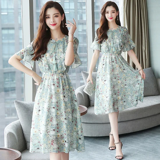 XL размера плюс Летний винтажный цветочный Шифоновый Сарафан Boho корейские элегантные женские платья миди вечерние сексуальные повседневные пляжные платья - Цвет: Бирюзовый