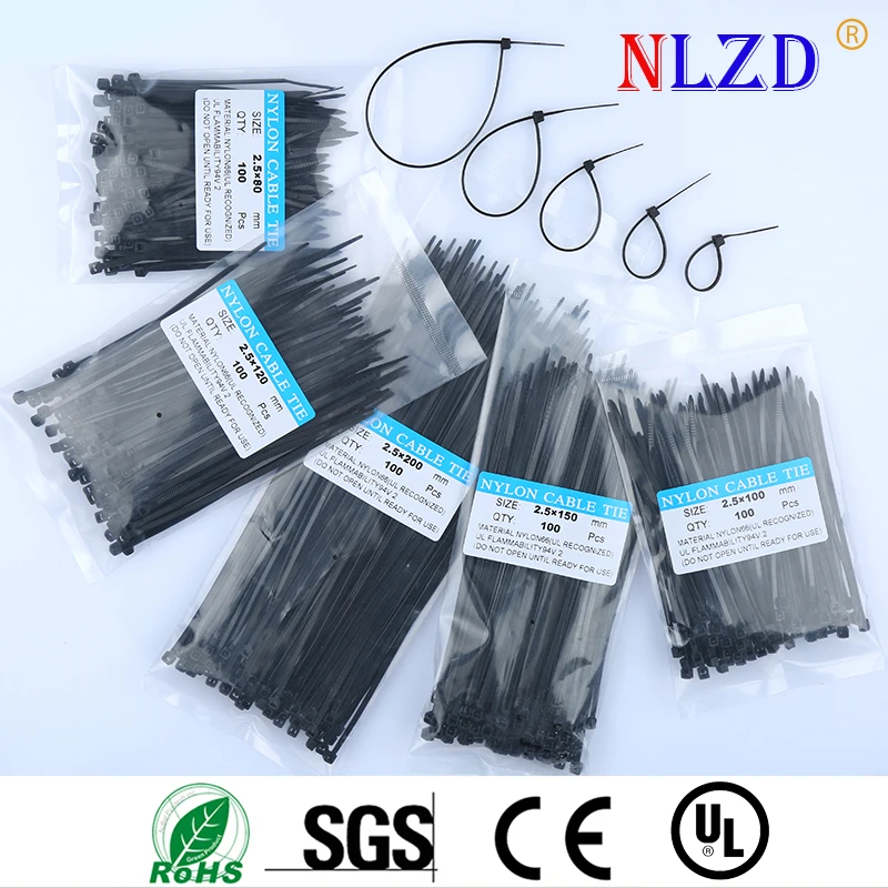 

100mm to 200mm 100Pcs Selflocking Plastic black cable tie W=2.5mm effective durable Nylon zip Ties For Wire binding 3inch to 8