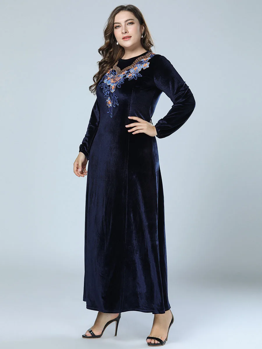 Женское Moslim abaya платье из Дубая с вышивкой темно синее длинное мусульманское