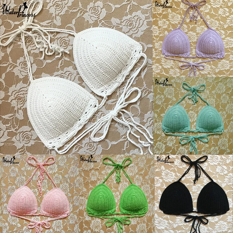 

Solid 8 Color 2017 Handmade Crochet Bikini Top Pad Swim Bra Push Up Swimwear Sexy Femme Separate Sunbath Halter Swim Beachwear