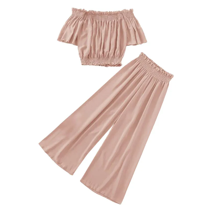 XL-3XL Sweet Plus Size Solid Suits Cold Shoulder Shirt Loose Wide Leg Pant Sets Small Fresh Outfit For Women Girls 40MY02 (6)