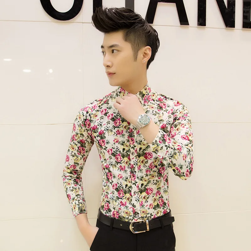 Hawaii Beach Men's Flower Print Shirt Long Sleeve Tops Korean Large Size S-5XL Fashion Slim New Male Sing Clothing | Мужская одежда