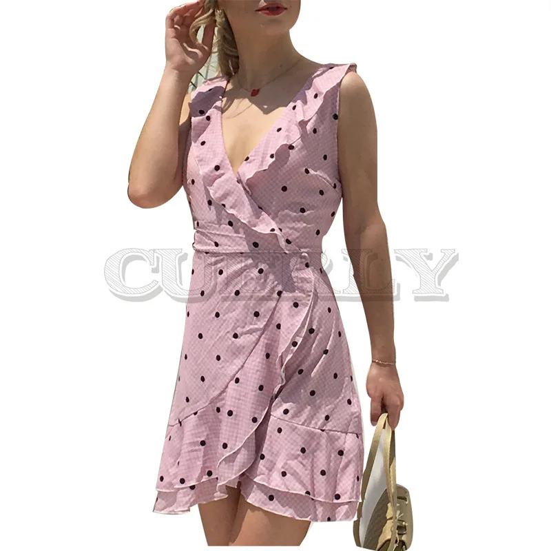 

Cuerly 2019 summer wrap ruffled dress women boho beach dot plaid print dress chic v neck asymmetrical French dresses vestidos