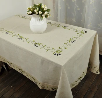 

European Embroidered Linen Tablecloth Table Cloth Runner Olive Patterned