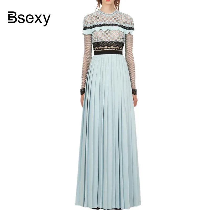 

High Quality Women Maxi Dress 2018 Autumn Floor length High Split Lace Chiffon Pleated Boho Long Party Dress vestido de festa