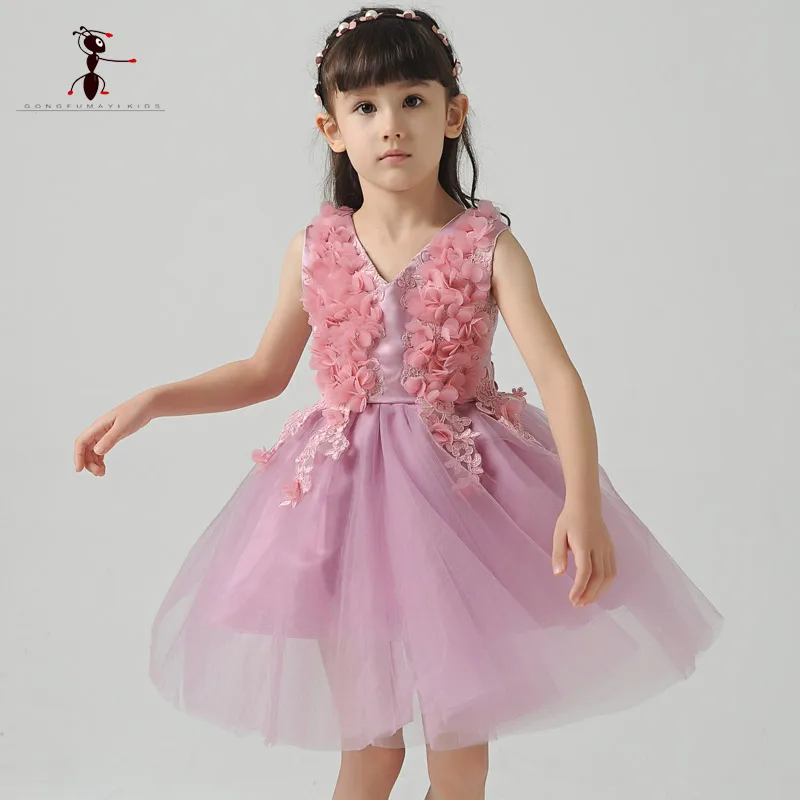 

Kung Fu Ant 2017 Summer Girls Dress Flower V-neck Sleeveless Cotton Lace Party Wedding Girl Professional Vestido Infantil B0037