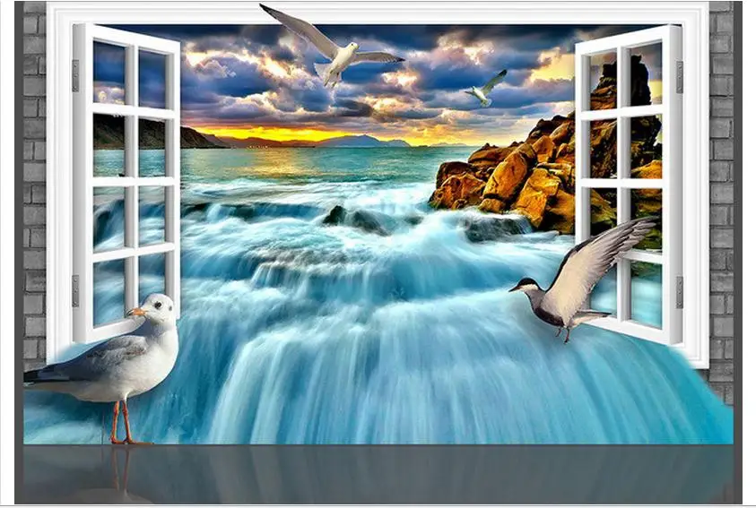 Пользовательские фото обои 3d настенные фрески окно белого камня пляж 3 d водопад