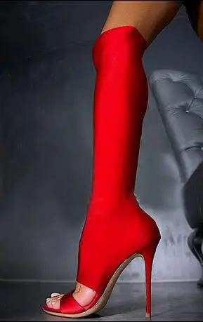 

Bota Feminina Red Elastic Boots Peep Toe High Heels Cut-out Slim Fit Tight High Sandals Boots Ladies Summer Gladiator Sandals