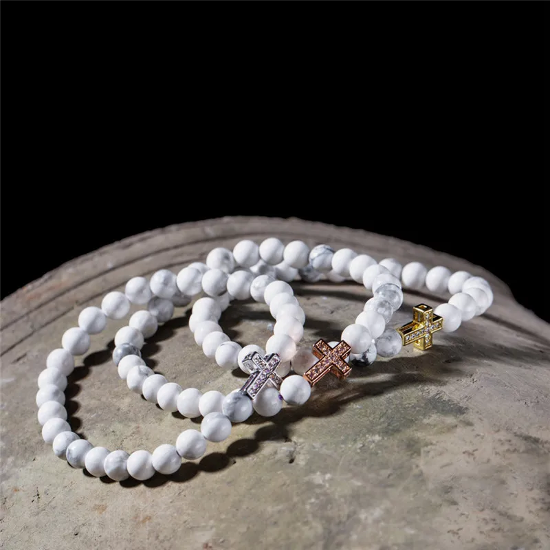 

Natural Stone Bracelet Cross Black Lava Spurce Porcelain White Beaded Bracelets Handmade Men Women Prayer Fitness Lovers Jewelry