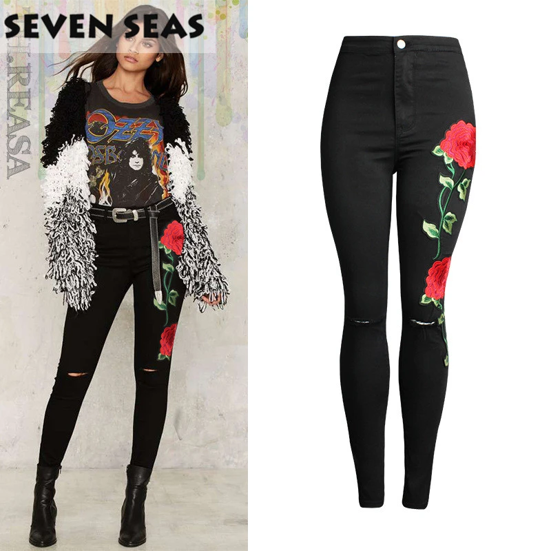 ladies black ripped skinny jeans