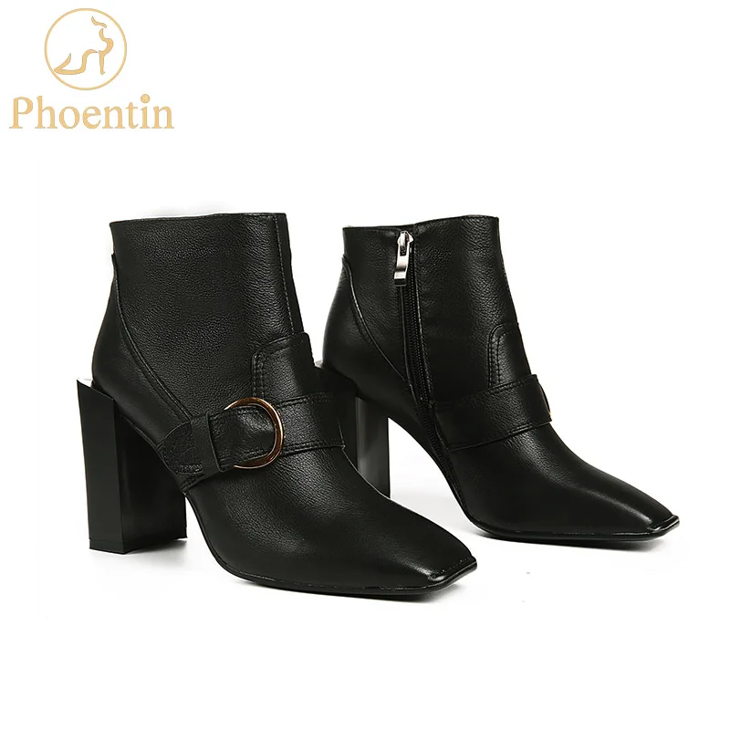 

Phoentin square toe ankle boots genuine leather 2018 fashion zipper high-heeled boots buckle women designer shoes black FT527