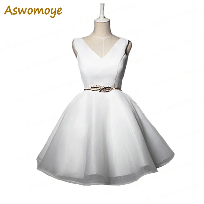 

Aswomoye Elegant Evening Dress Short 2018 New V-Neck A-Line Sashes Party Dress Back Lace Up robe de soiree